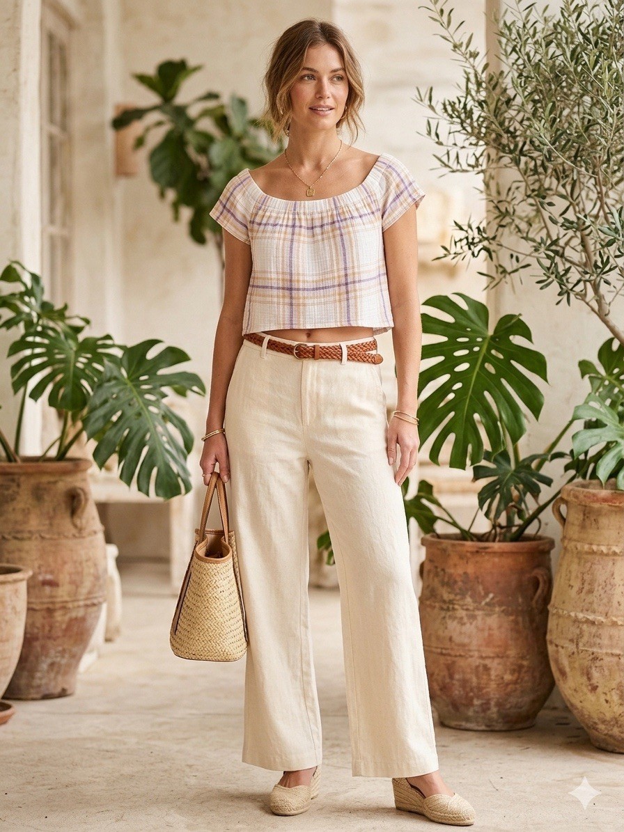 Cloth & Stone Plaid Off the Shoulder Crop Top XS Pastel Textured Gauze Blouse