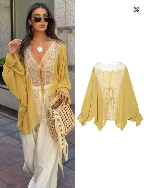Women Lace Patchwork Sheer Blouse Tie Front Lantern Sleeve Boho Top Plus Size
