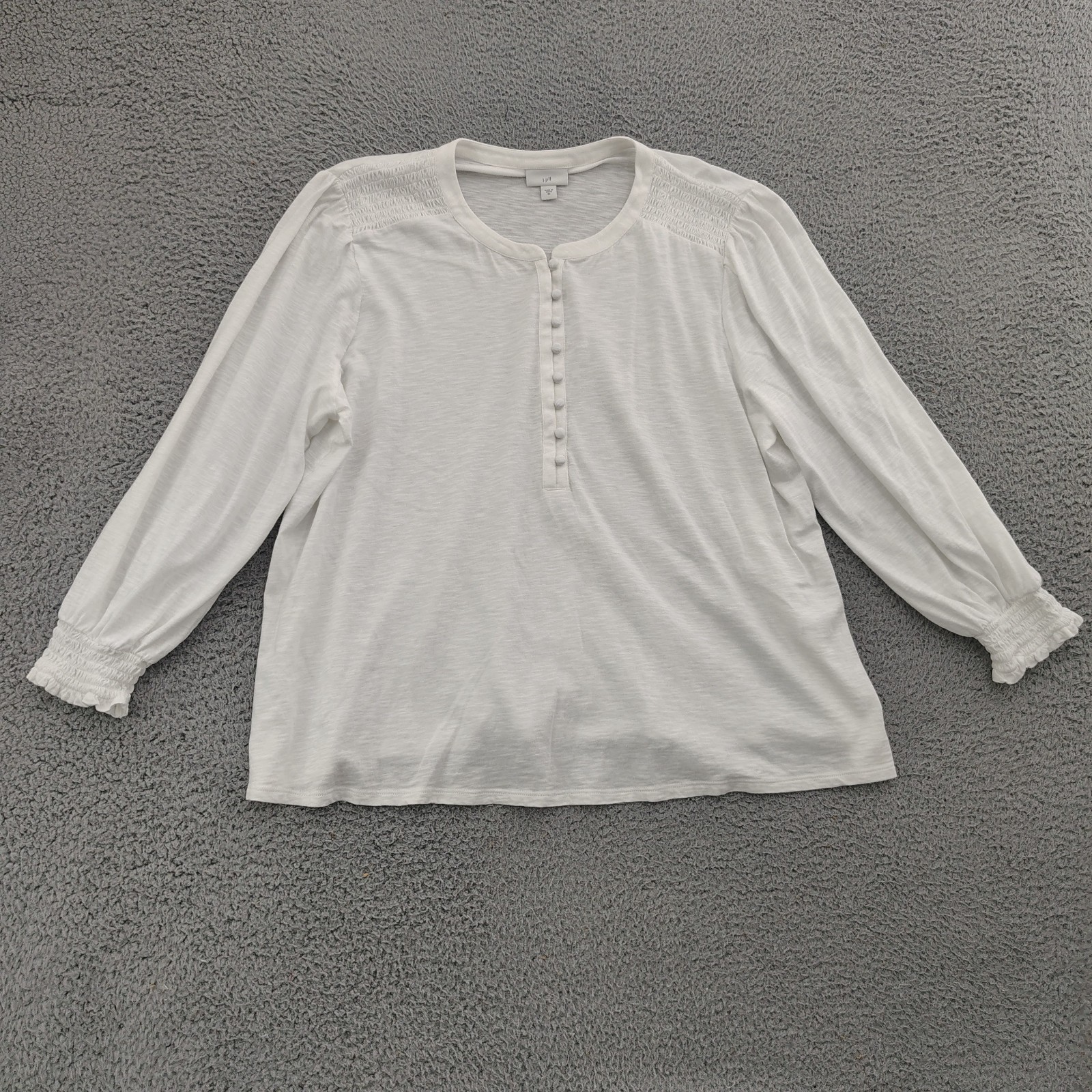 J Jill Womens 2X White Knit Top Smocked Shoulder Long Sleeve Henley Plus