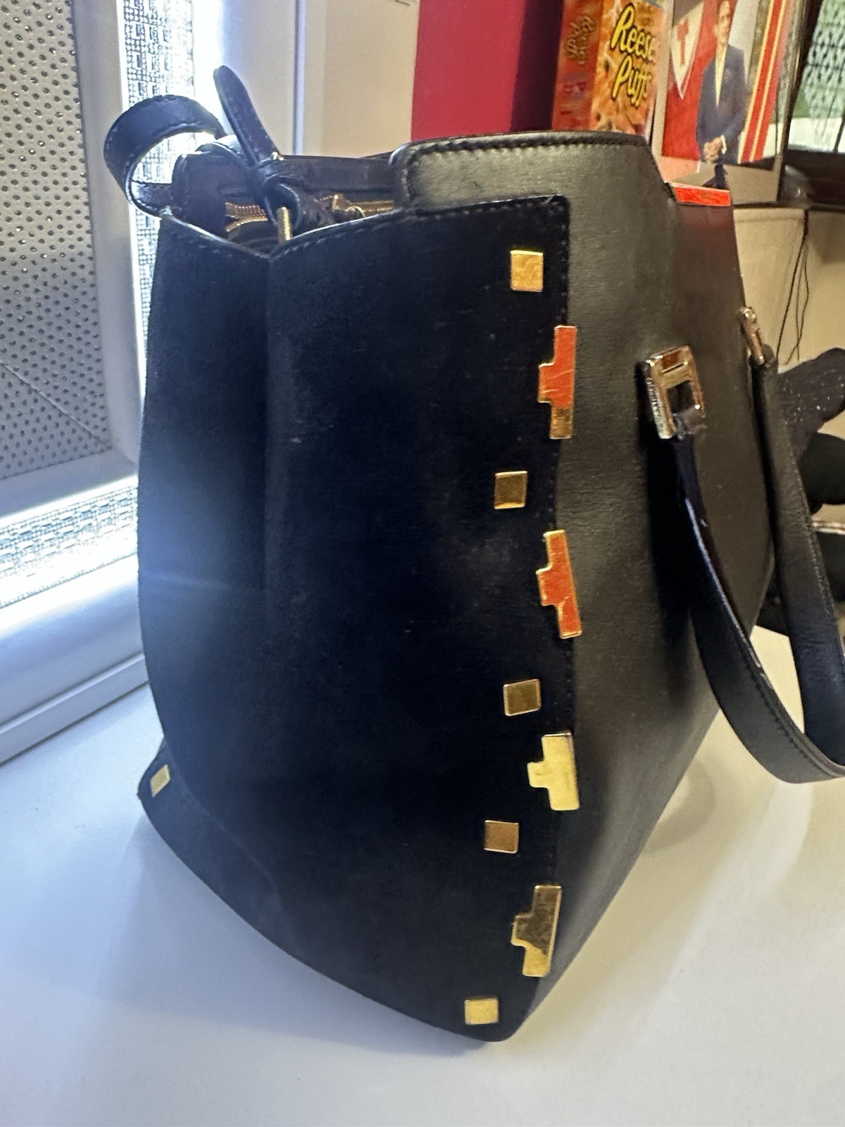 Jimmy Choo Black Studded Satchel Top Handle Zip Double Handles Gold Hardware