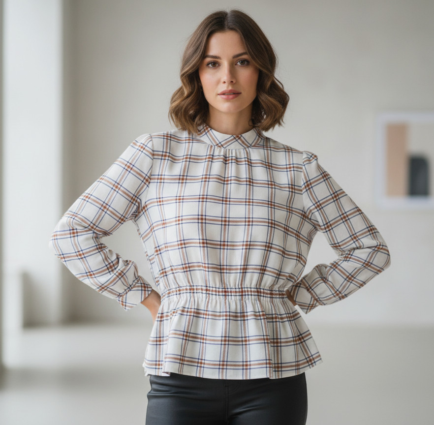 NEW Ann Taylor LP Top Beige Cream Plaid Cinched Peplum Cottage Office Siren