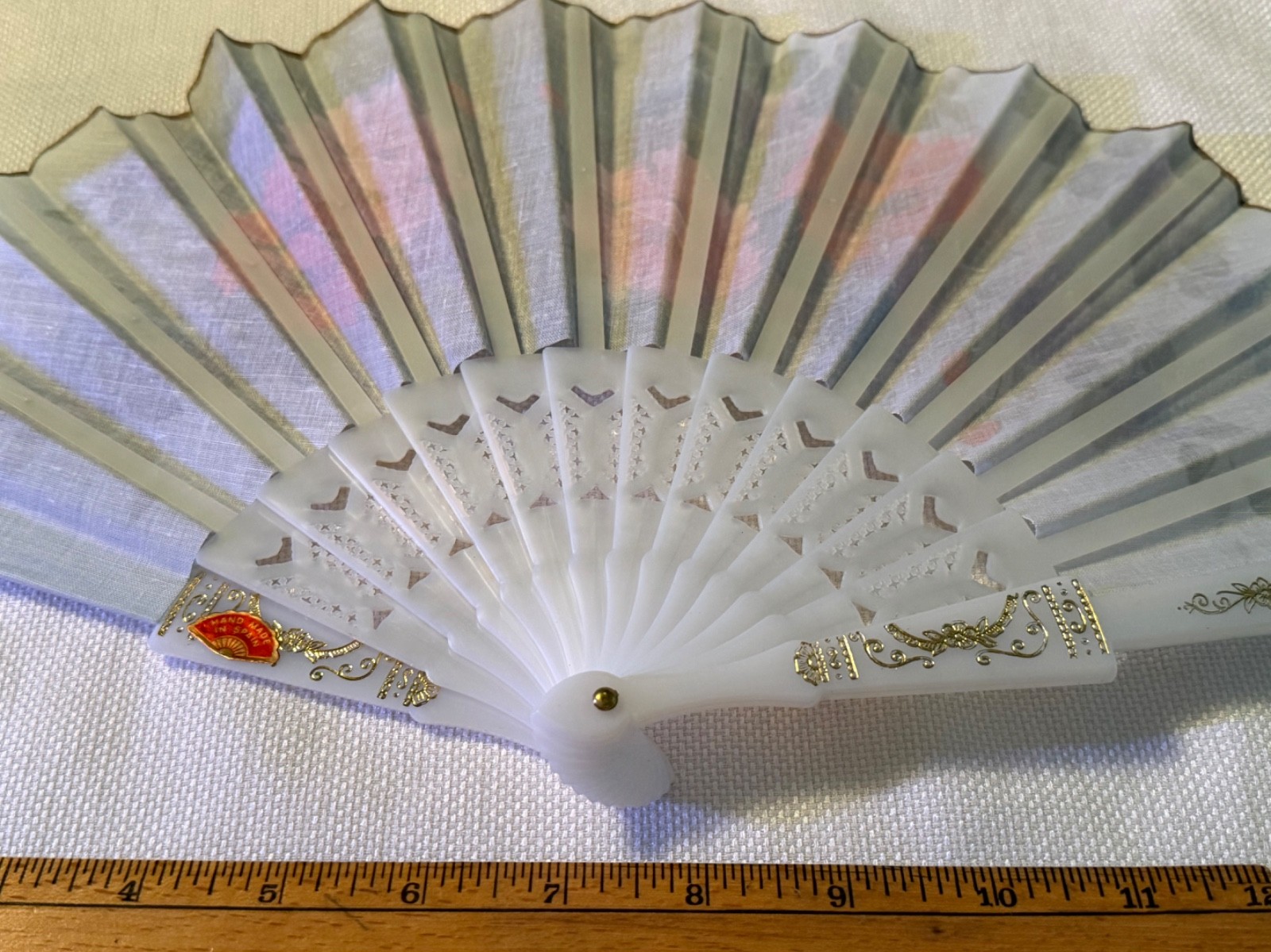 Vtg Giner Hand Fan Floral Flower Pink Wild Rose Wisteria Fabric Plastic Spain