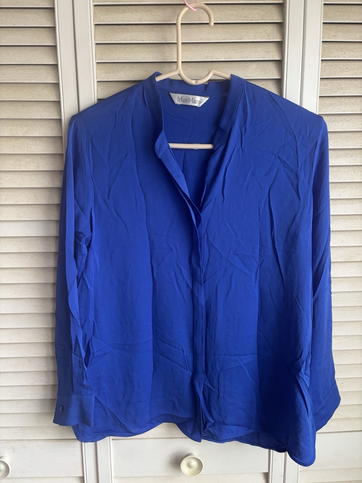 $845 Max Mara Blue Long-Sleeve Solange Georgette Asymmetric Silk Blouse Top 4