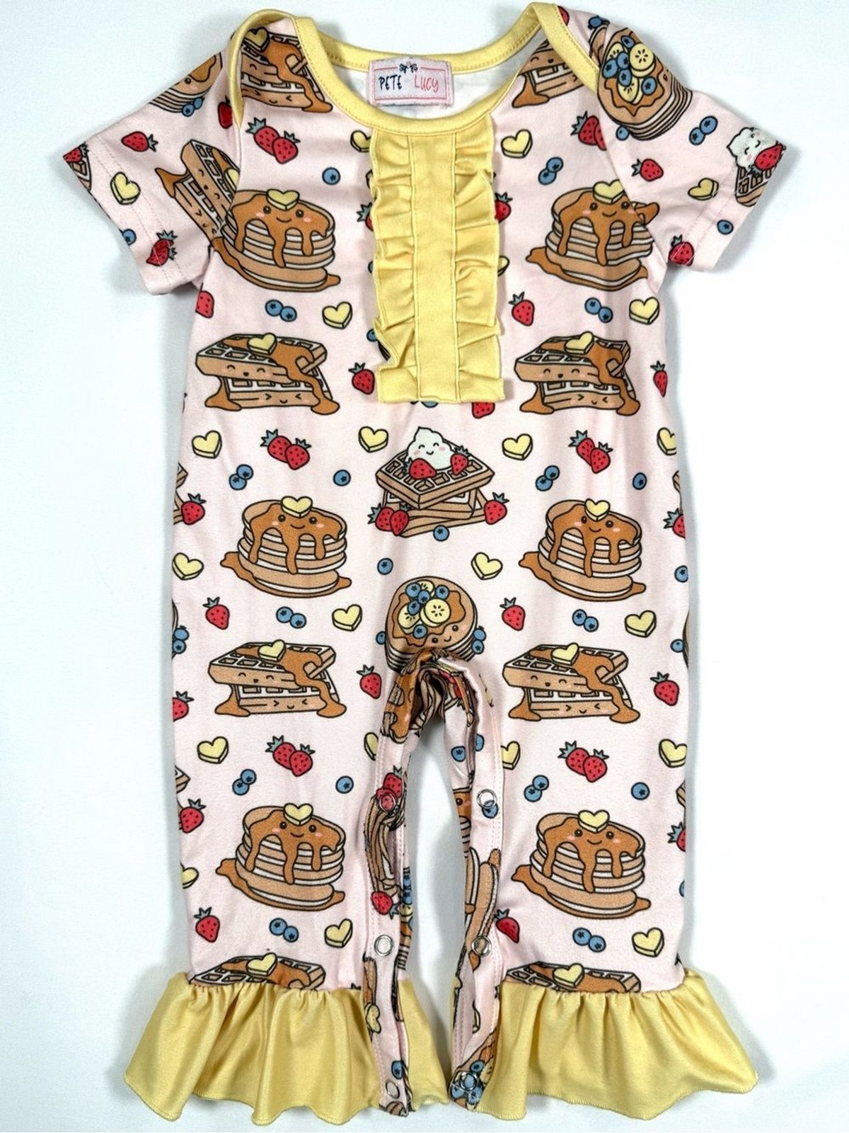 PETE + LUCY Girls Pancake Waffle Breakfast Ruffle Romper 0-3M Cottagecore Kawaii