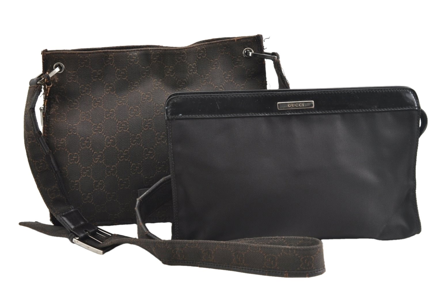 Authentic GUCCI Shoulder Bag Clutch Bag GG Canvas Nylon Brown Black 2Set AC023