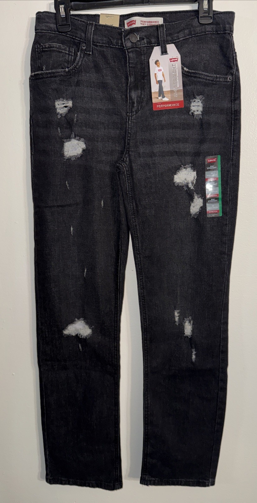 LEVI’S 514 Straight Leg Black Distressed JEANS – Boys Size 18 Reg 29×31