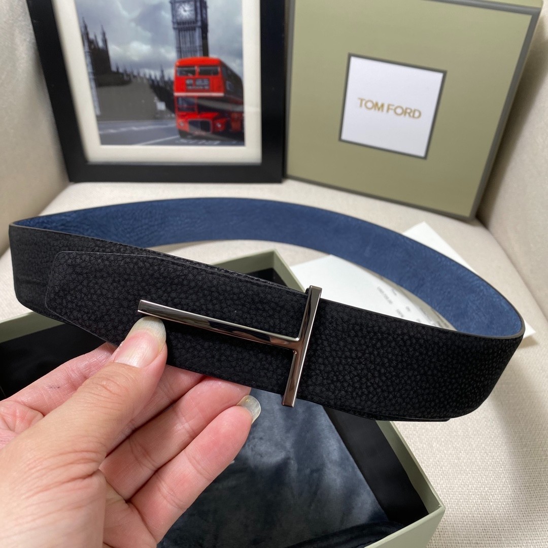 Tom Ford Belt Reversible T-Silvery Buckle Black/Blue Calfskin Leather Belt