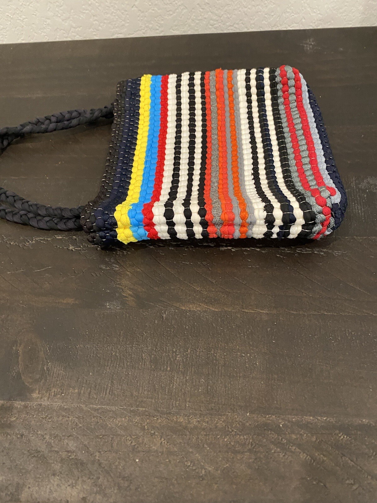 Hand Crocheted Small Purse Striped Multicolor 7 1/2 In Tall 8 In Wide