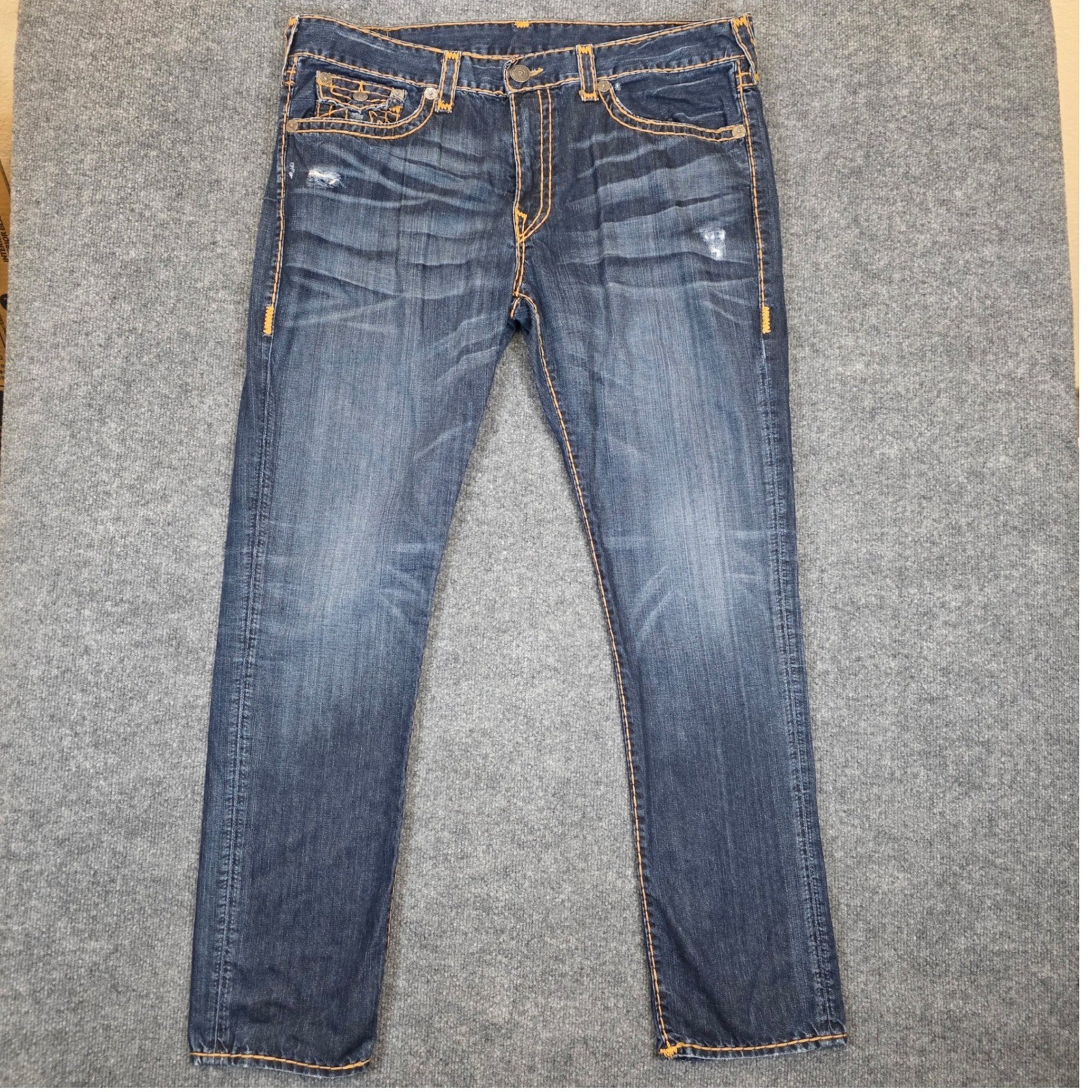 True Religion Geno Jeans Men 42W X 33L Blue Slim Fit Distressed Flap Pocket