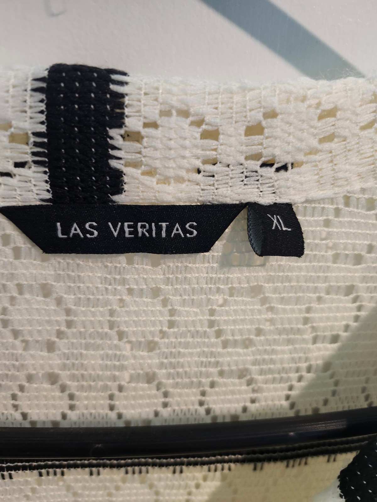 Las Veritas Lace Mesh Button Up Shirt Cream Black Striped Collared Top Sz XL