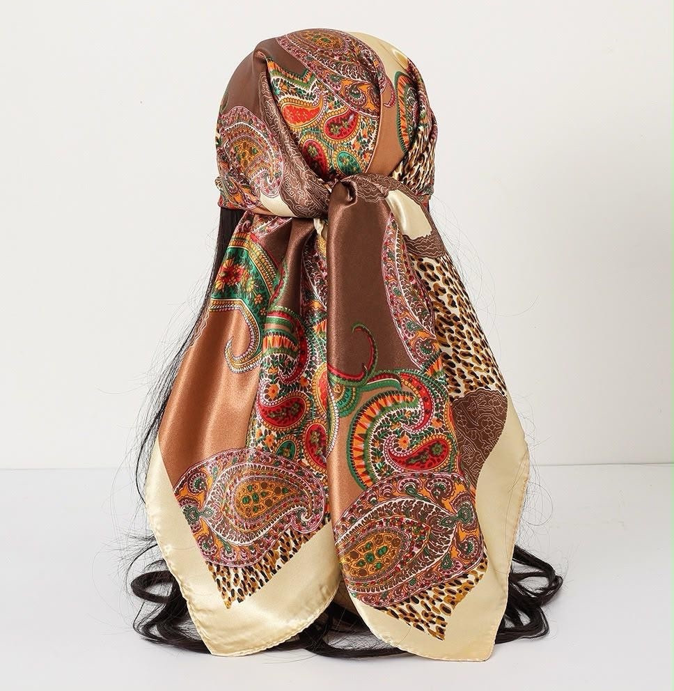 Women’s Classic Satin Paisley Headscarf Hair Wrap, Brown Beige Red Green