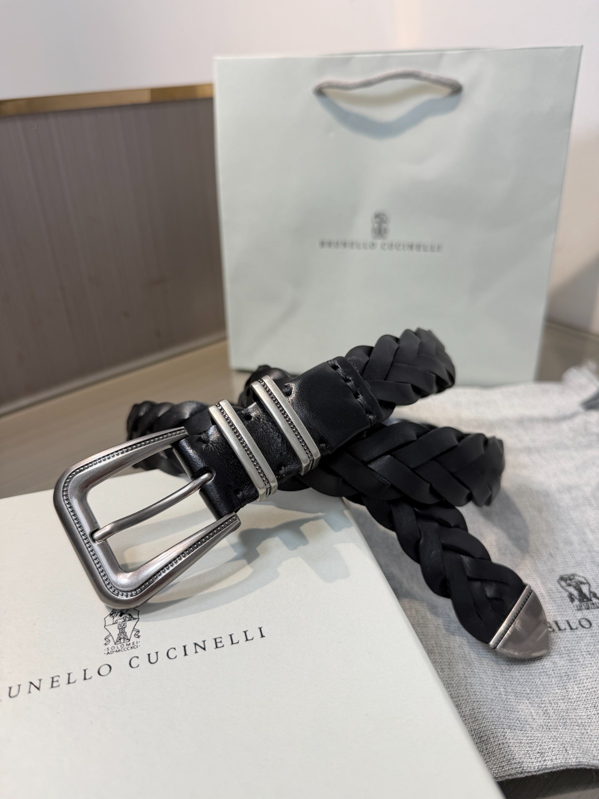 BRUNELLO CUCINELLI Black Leather Braided Gold Buckle Belt Size 95