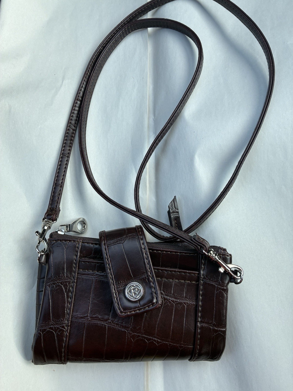Relic brown Crocodile type Wallet on a Strap, Folding Credit Card ID Window