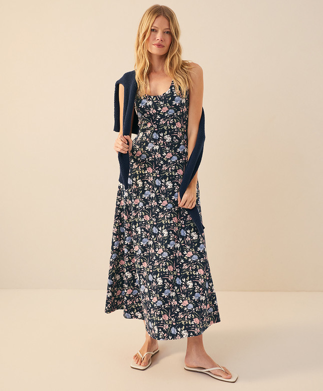 PACT Organic Fit & Flare Open Back Maxi Dress, Dayspring Blooms Navy Blue (NEW)