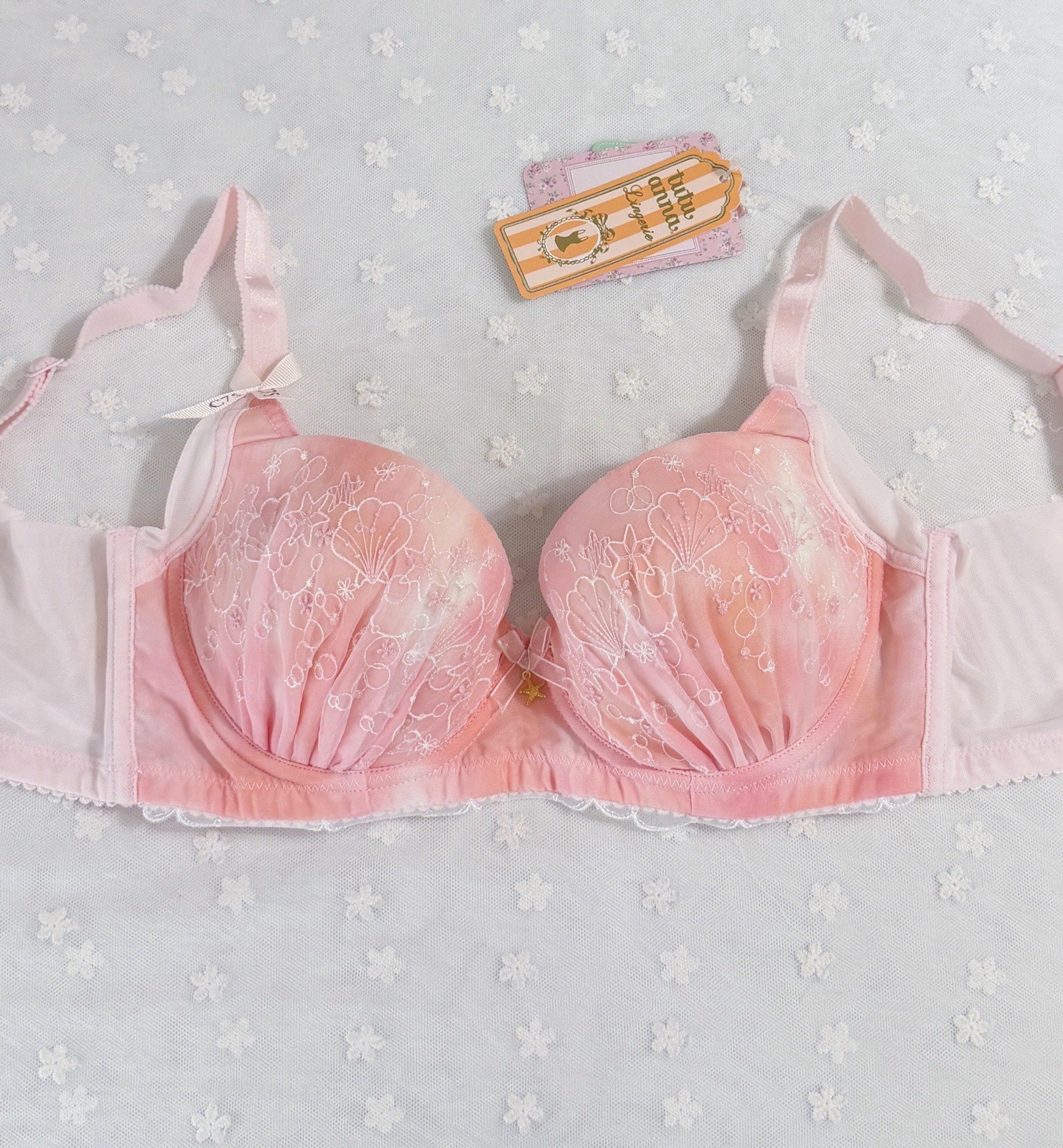 US-34B/JP-C75 Japanese Brand tutu anna Glittery Shells Embroidery PushUp Bra NWT