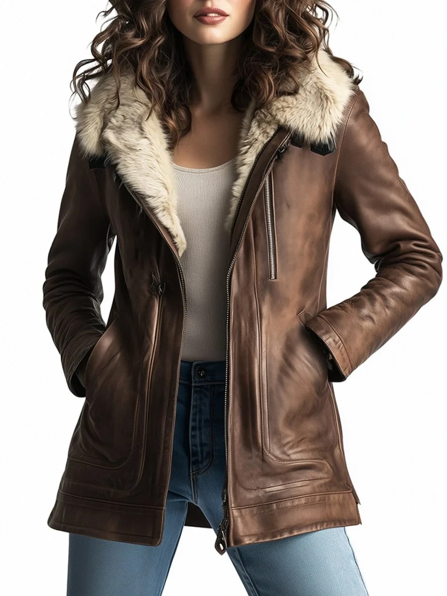 Women’s Durable Brown Genuine Real Leather Jacket Sheepskin Warm Fur Lining