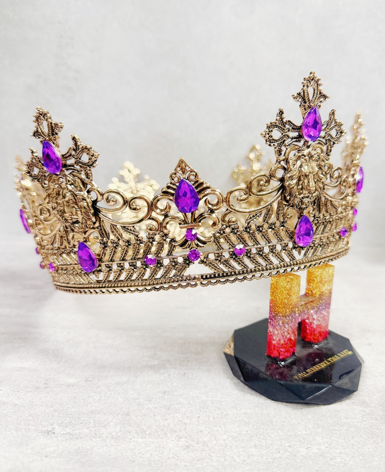 Vintage Lion King Crown, Purple Crystal Crown for Groom, Prom Crown, Gold Crown