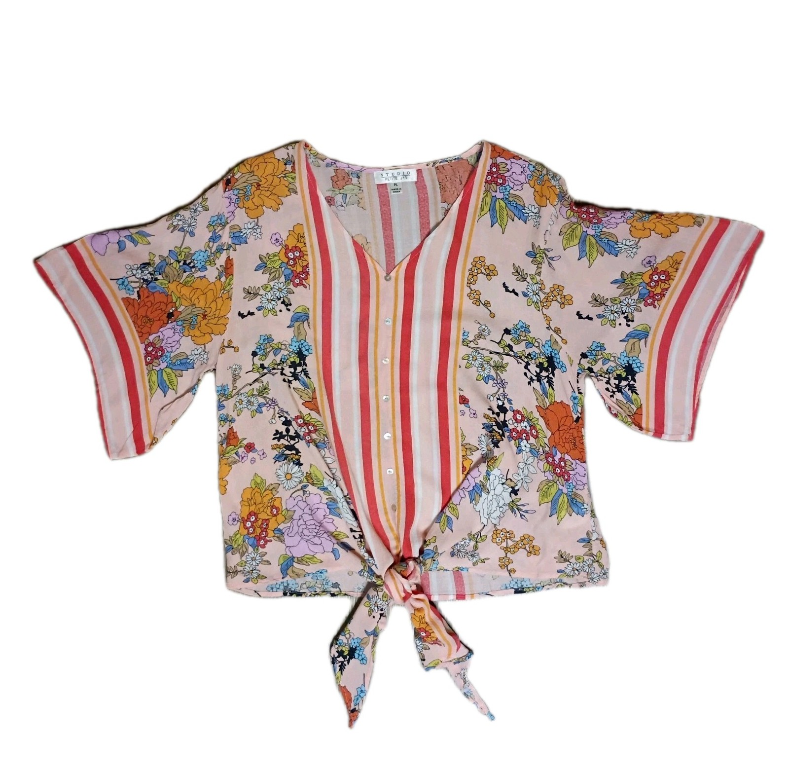 Colorful Floral Kimono Tie Front Blouse Peach – Studio Petite JP / Size PL Large
