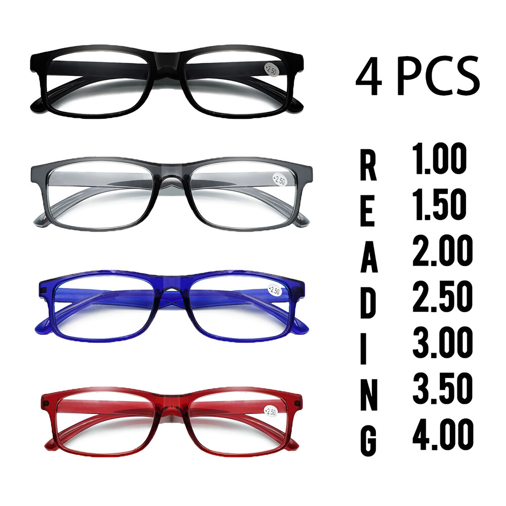 4 Pair Rectangular Spring Hinge Power Reading Reader Glasses For Mens Womens 1-3