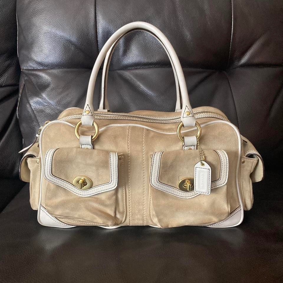 Vintage Coach Beige Suede & Cream Leather Satchel Handbag