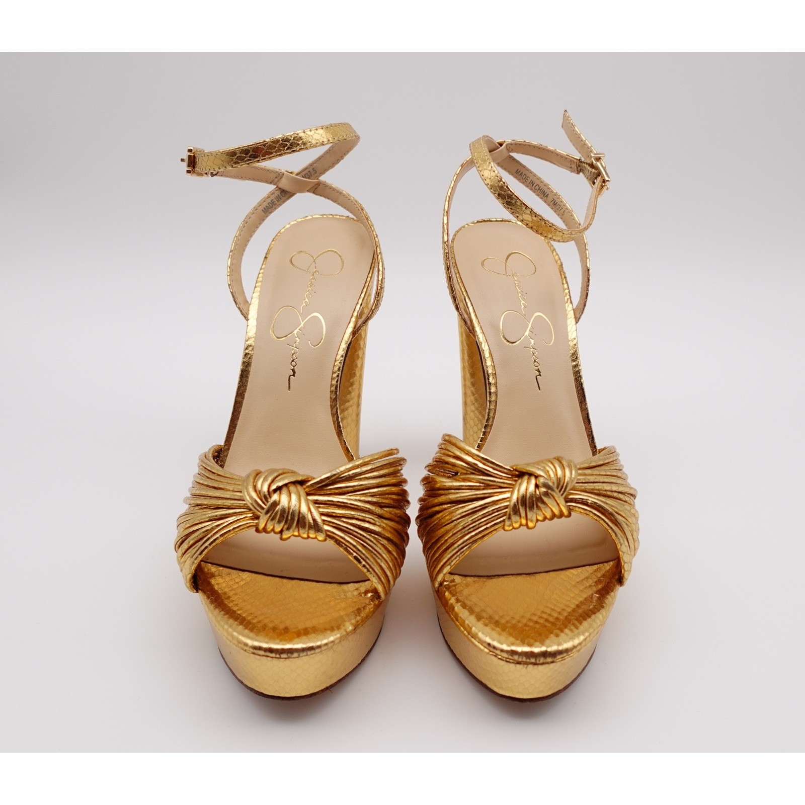 Jessica Simpson Gold Metallic Platform Heels Knotted Strappy Block Heel Size 7M