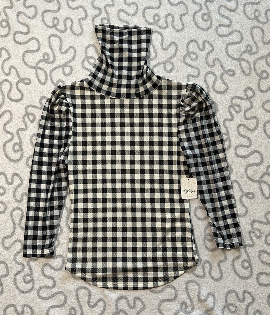 NWT Free People Black White Gingham Turtleneck Puff Sleeve Top XS