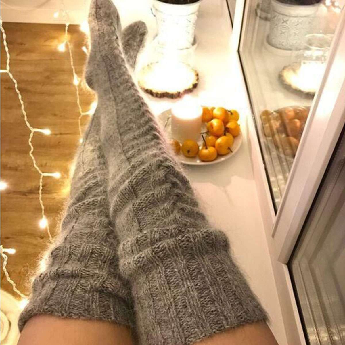 Long Socks Warm Over Knee High Wool Knitted Thick Stockings Thigh Winter Women