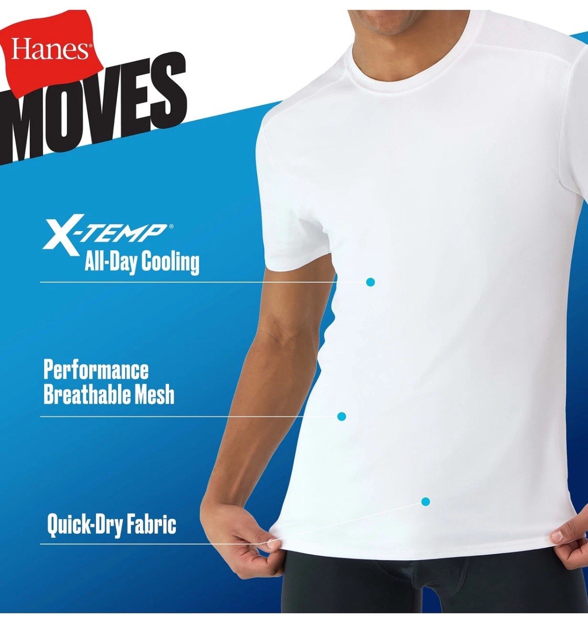 Hanes Men’s Moves Mesh 3-Pack T-Shirt, X-Temp Moisture-Wicking Tee, White