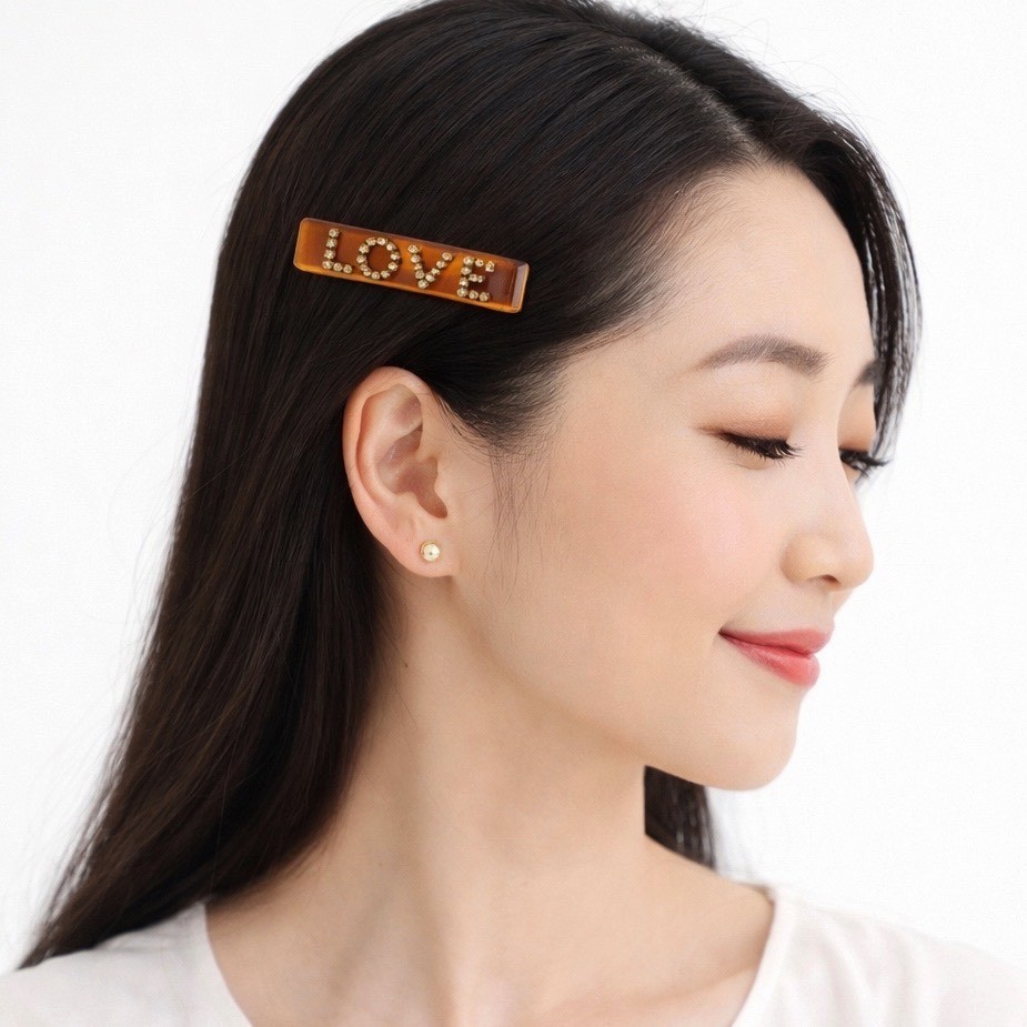 Vintage Amber Tortoiseshell LOVE Rhinestone Hair Barrette French Clip J-01