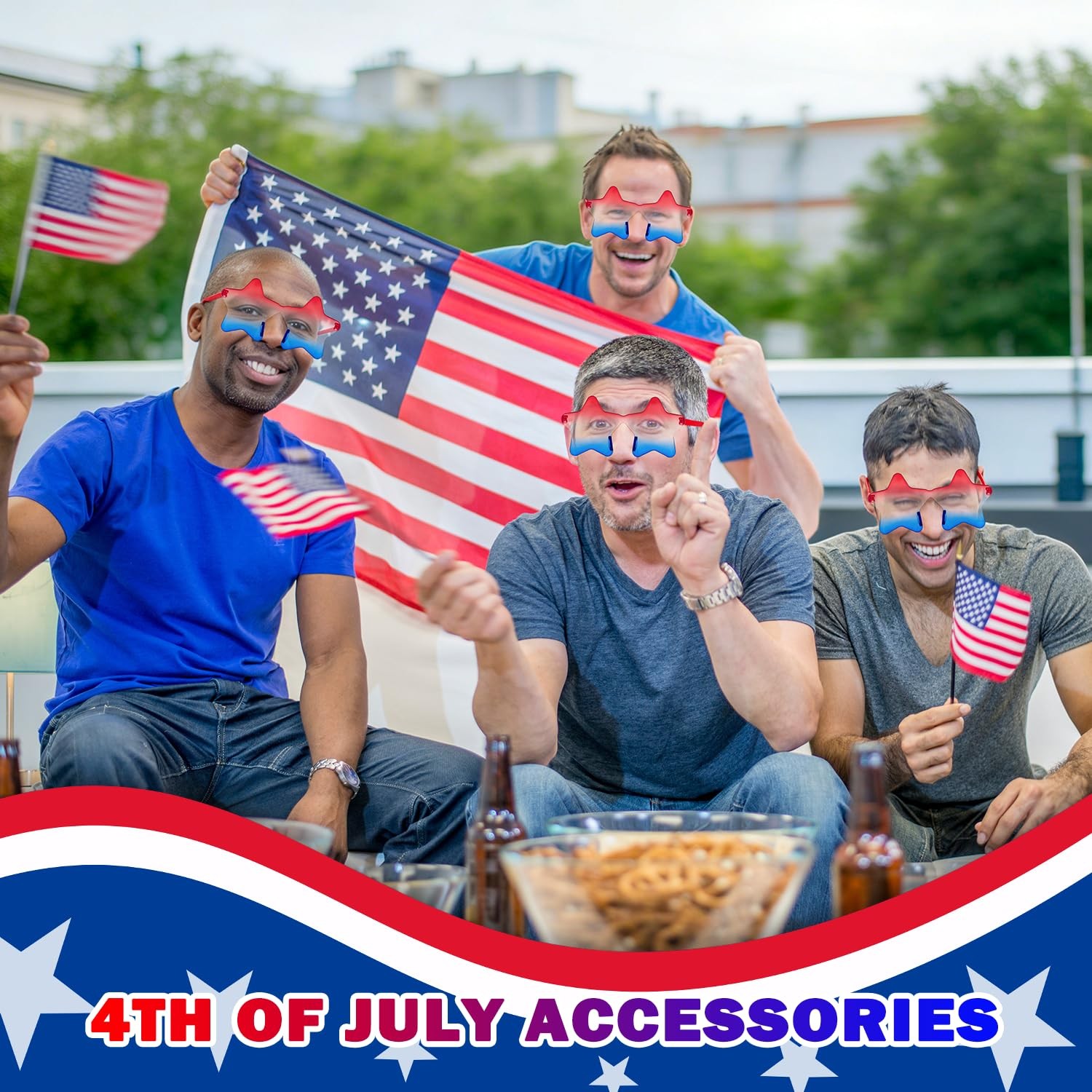 4th of July Red White Blue Star Rimless Sunglasses 3 PCS for Women Men