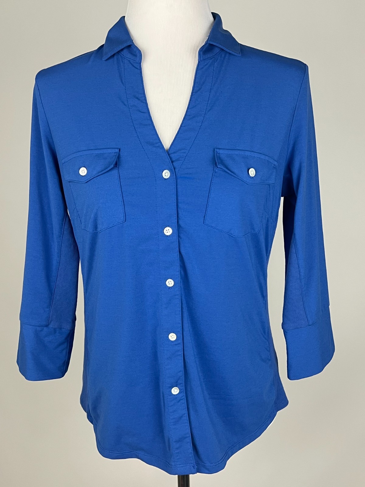 J.MCLAUGHLIN 3/4sl Knit Button Front Polo Shirt w/Ribbed Sides – M, Blue
