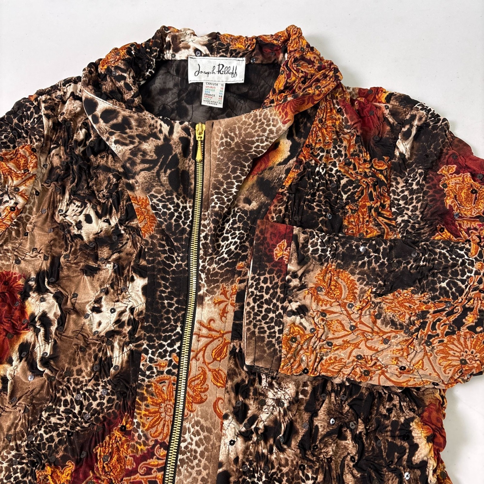 Joseph Ribkoff Jacket Womens Size 16 Brown Black Animal Print Sequin Zip Ruched