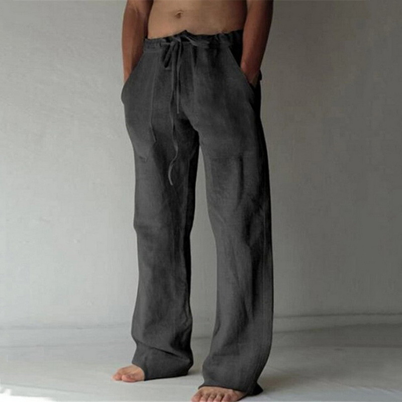 Mens Cotton Linen Loose Pants Solid Color⭐Casual Baggy Summer Beach Trousers