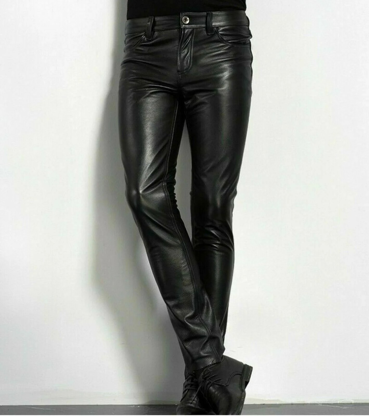 Men’s Tight Leather Pants 80s Punk Rock Skinny Motorcycle Gothic Biker Trouser👖
