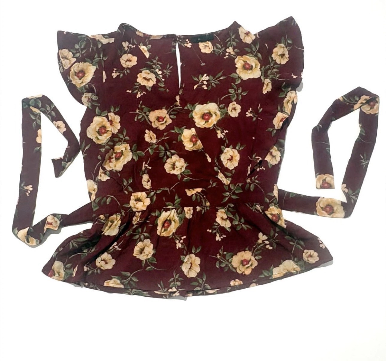 Mine Women’s Blouse Size L. Burgundy floral peplum top