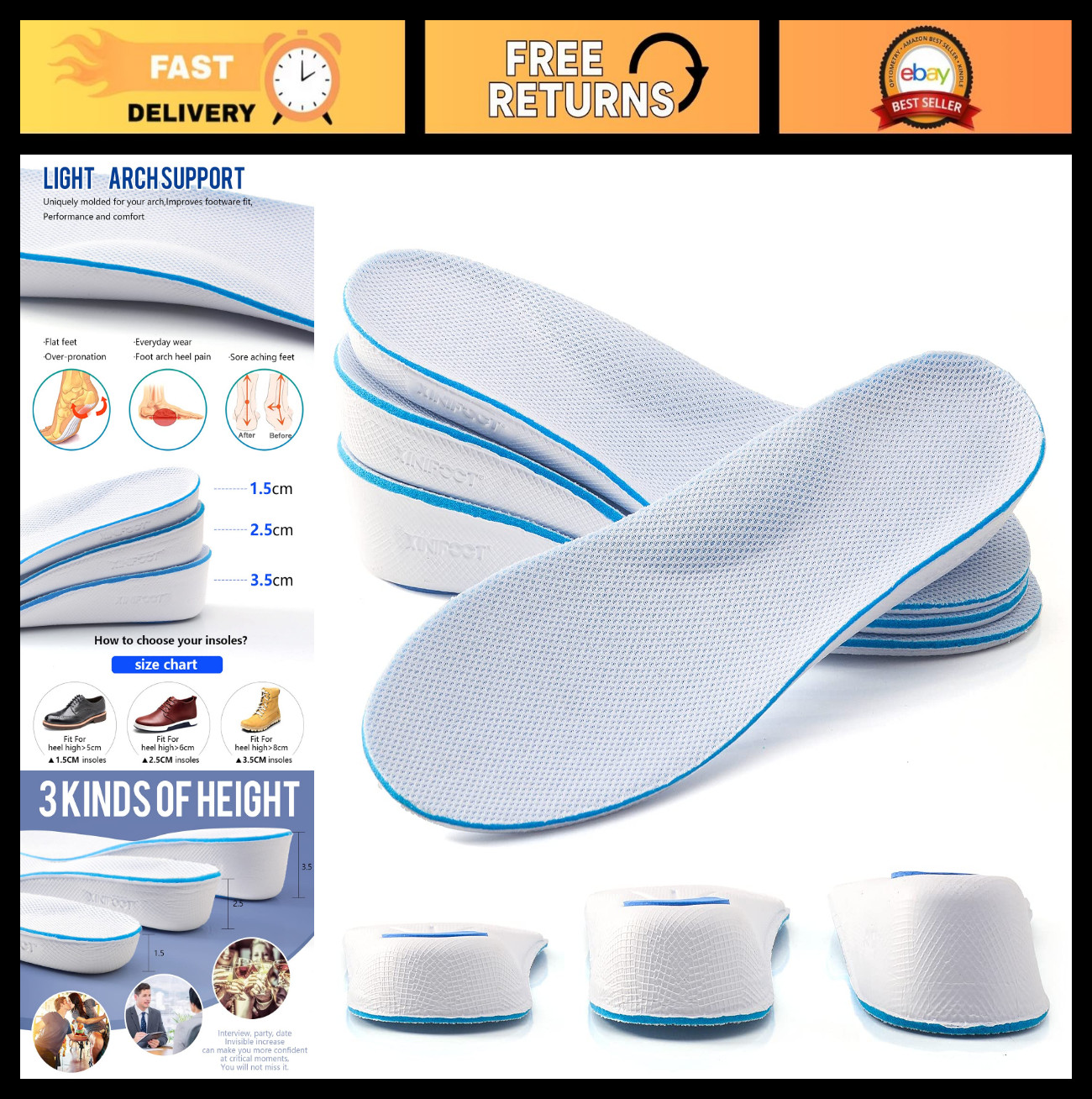 Height Increase Insoles with Arch Support – Breathable Heel Lift Inserts for Men