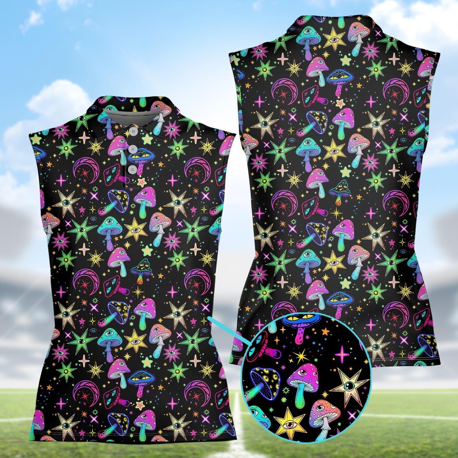 Psychedelic Mushroom Polo Women Trippy Stars Moon Colorful Festival Top