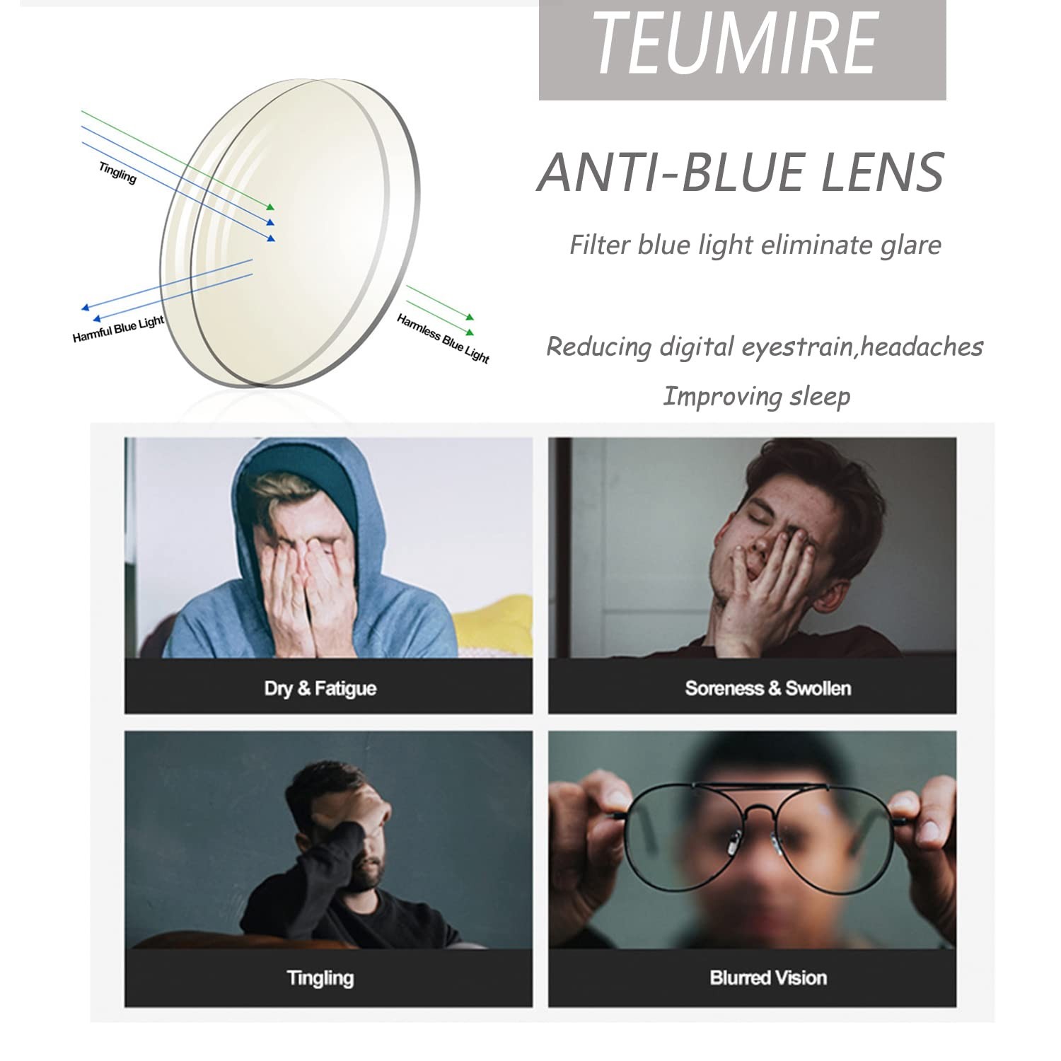 Teumire Oversized Square Blue Light Blocking Glasses for 54-53-140, Black