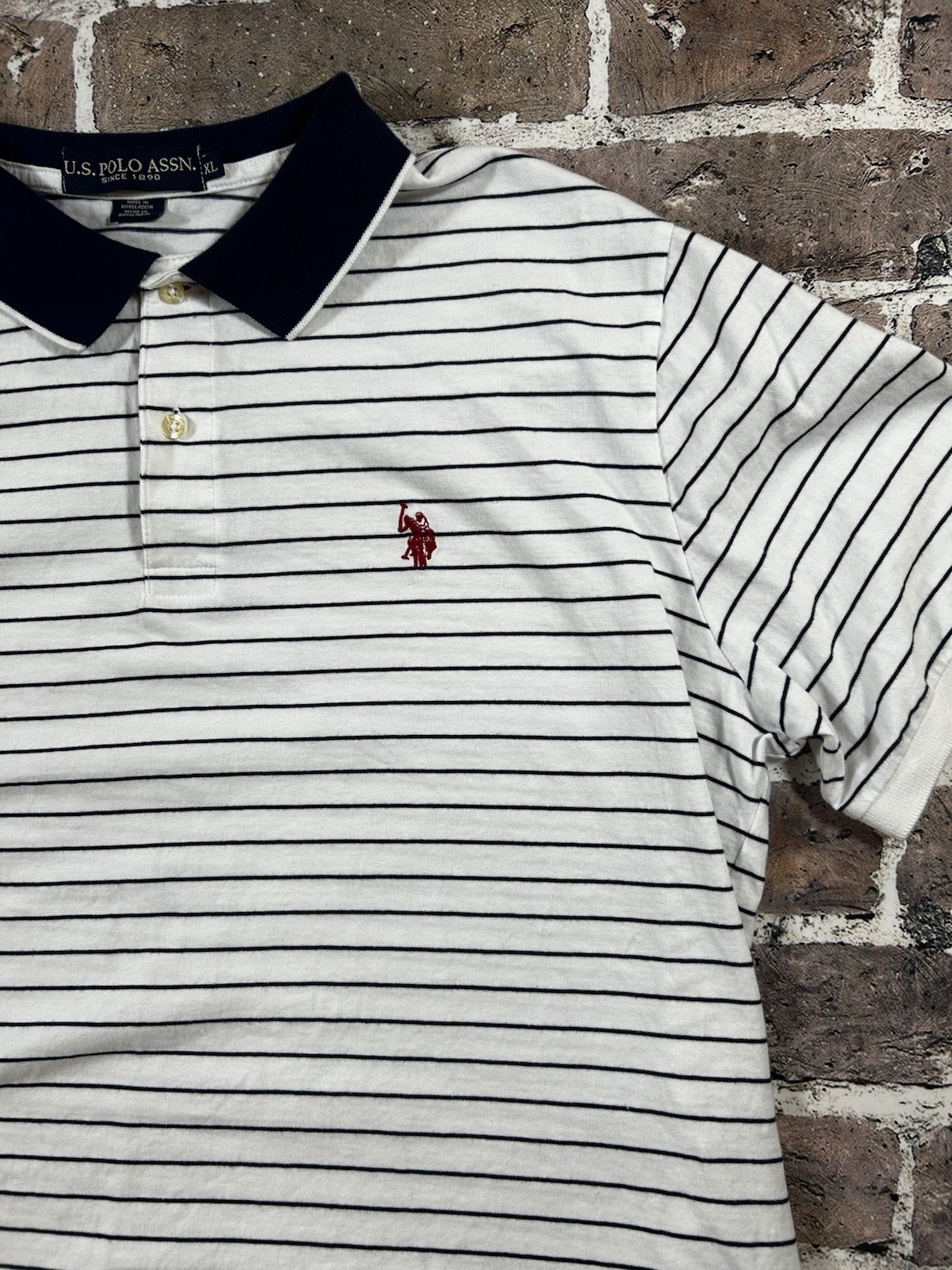 U.S. Polo Assn. Men’s White/Navy Striped Short Sleeve Polo Shirt XL Logo