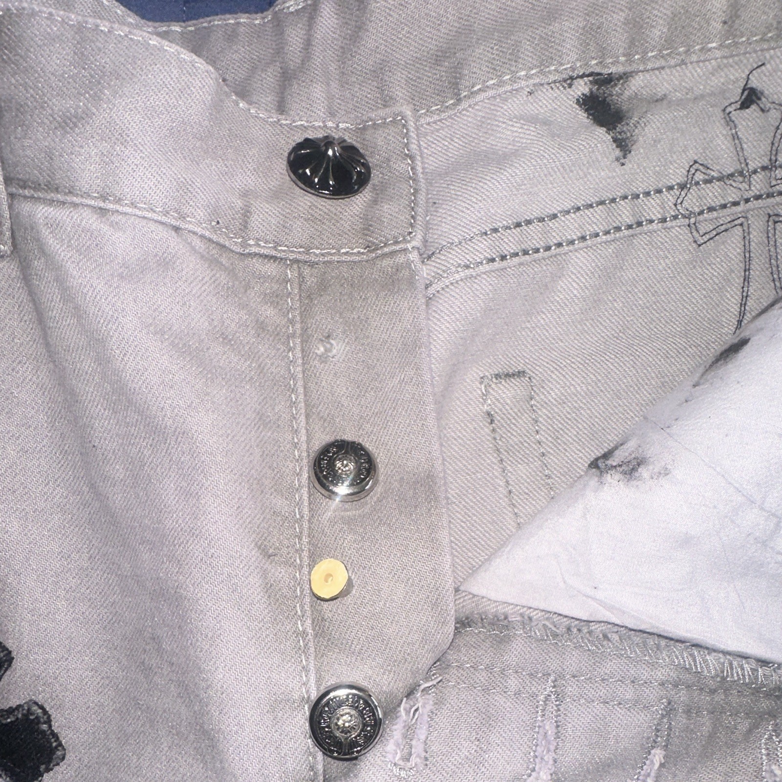 Chrome Hearts Men’s Gray Denim Straight Jeans Black Cross Patches Button Fly