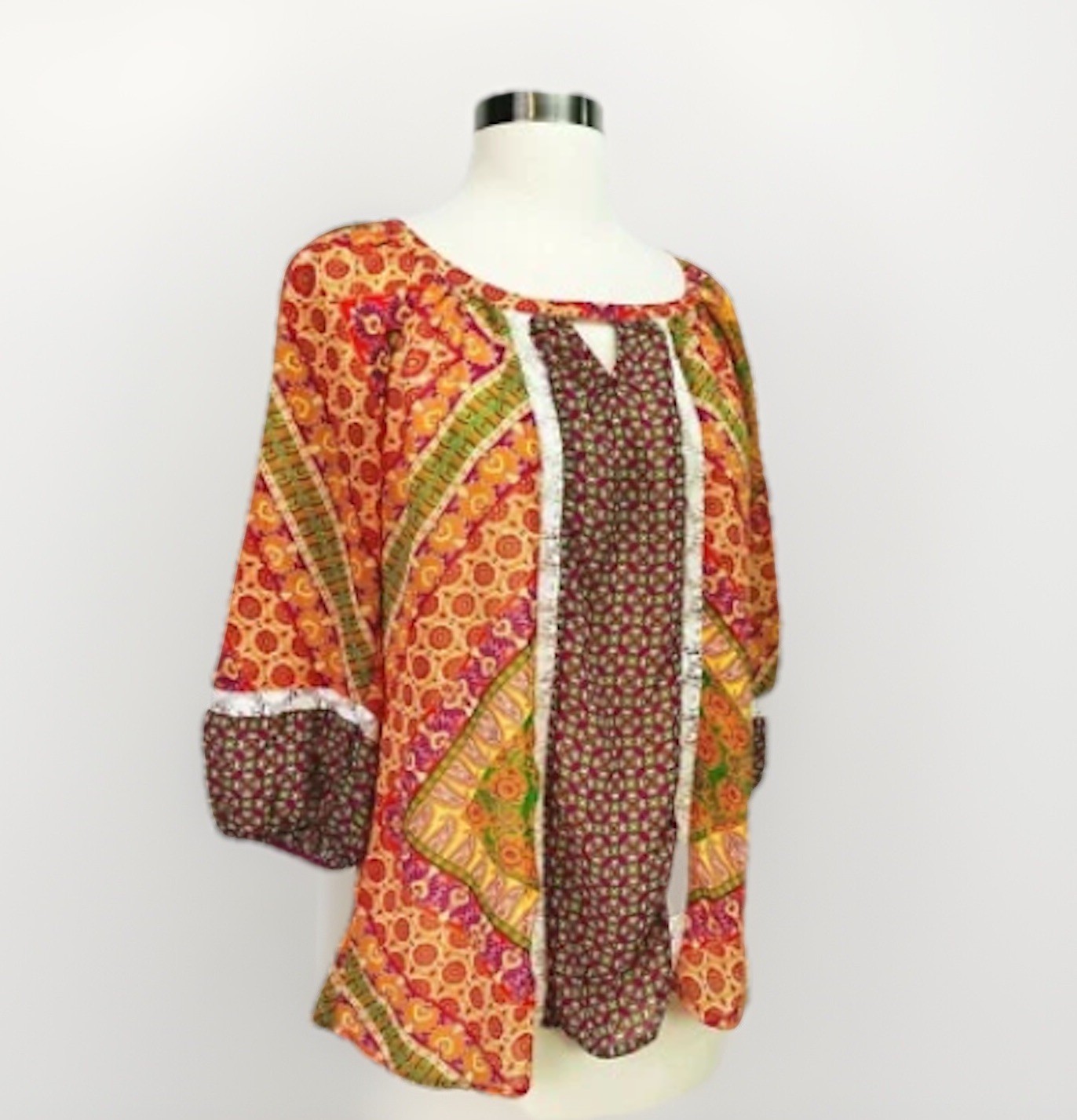 Fig & Flower Peasant Top Womens S Colorful Mixed Print Boho Semi Sheer