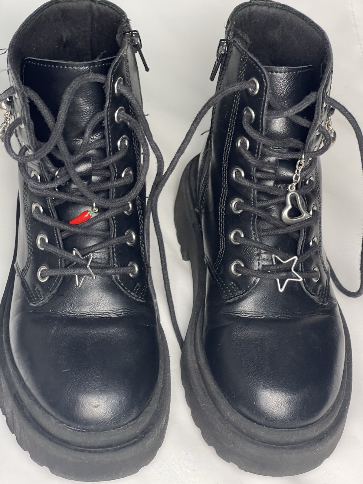 ZARA Kid’s Black Combat Ankle Boots Lace-Up Side Zip Platform Chain Charms
