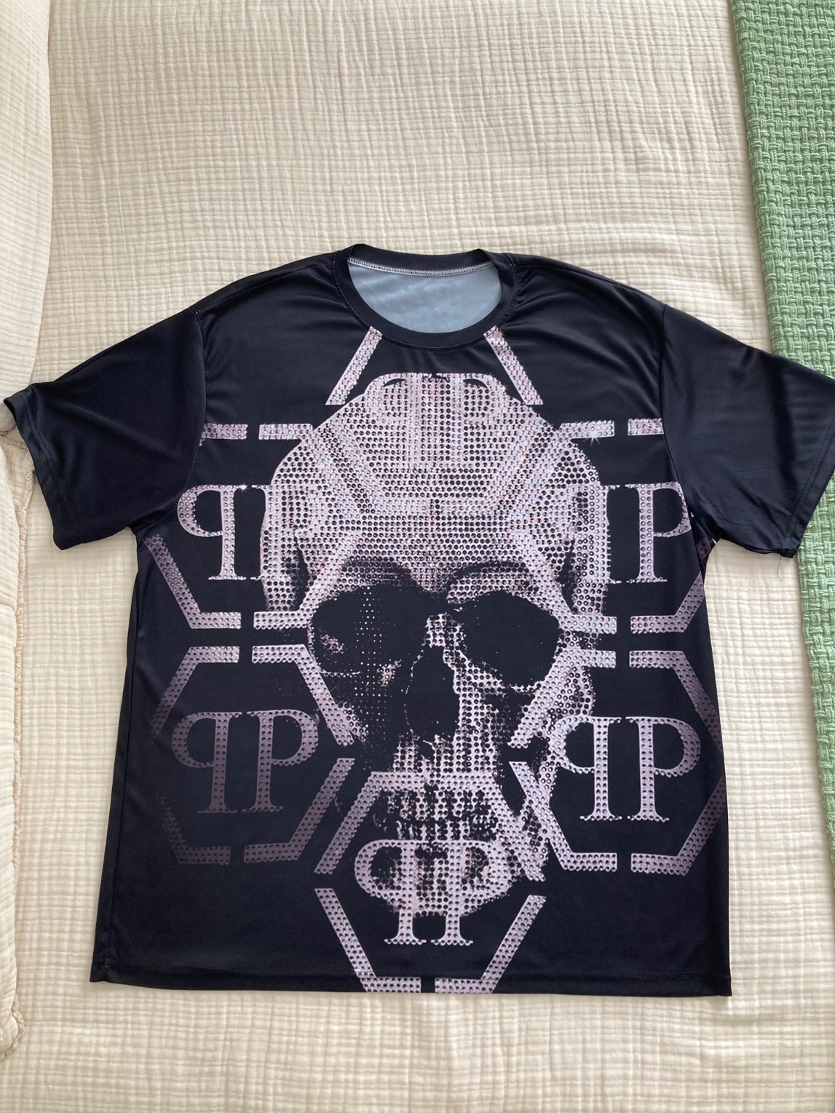 Philipp Plein Rhinestone Skull Logo Black Men’s Short Sleeve Shirt