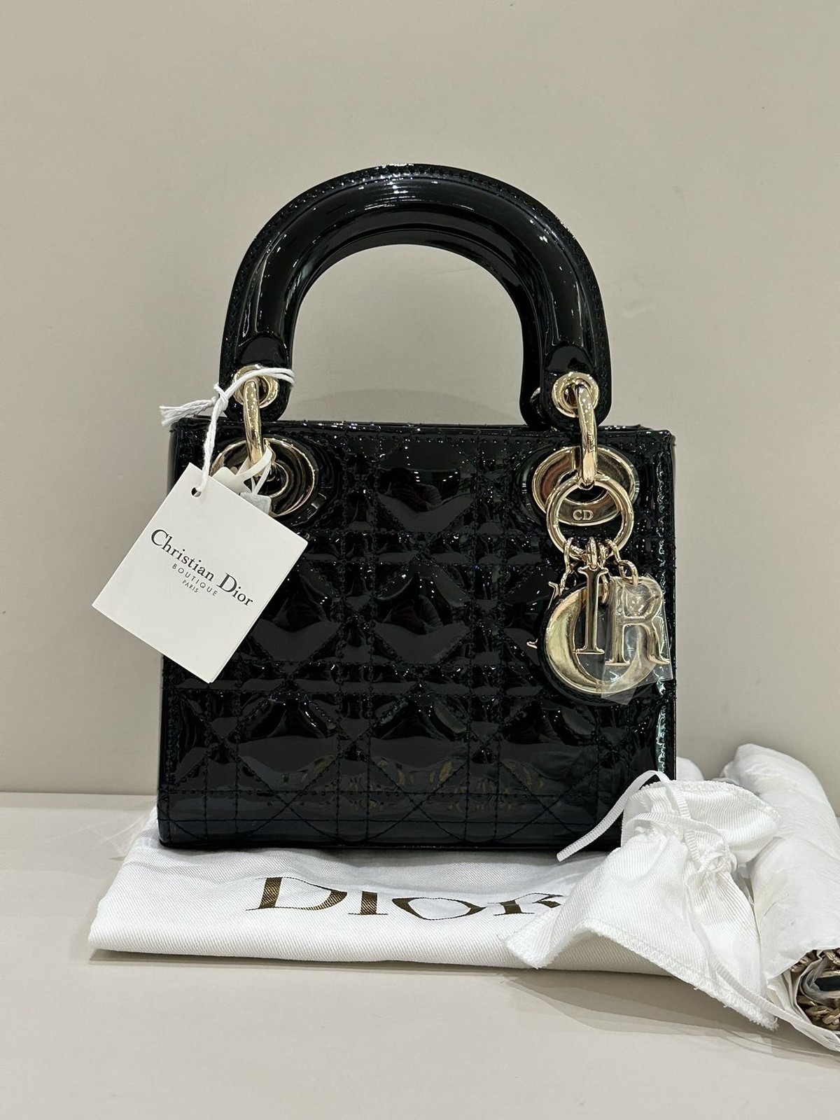 Dior Lady Dior 3-Grid Black Patent Leather Gold Chain Bag Duty Paid