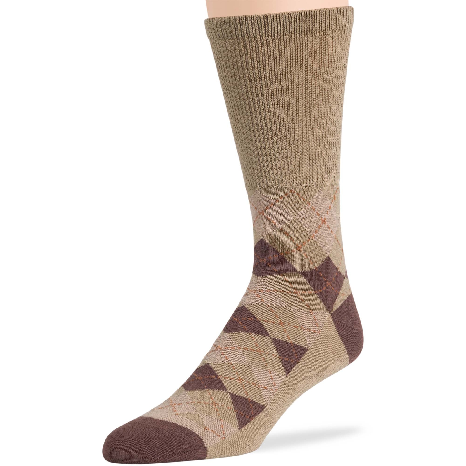 Men Diabetic Wide Cotton Crew Sock 5 Pack Large-Stripe Khaki, Brown, Beige