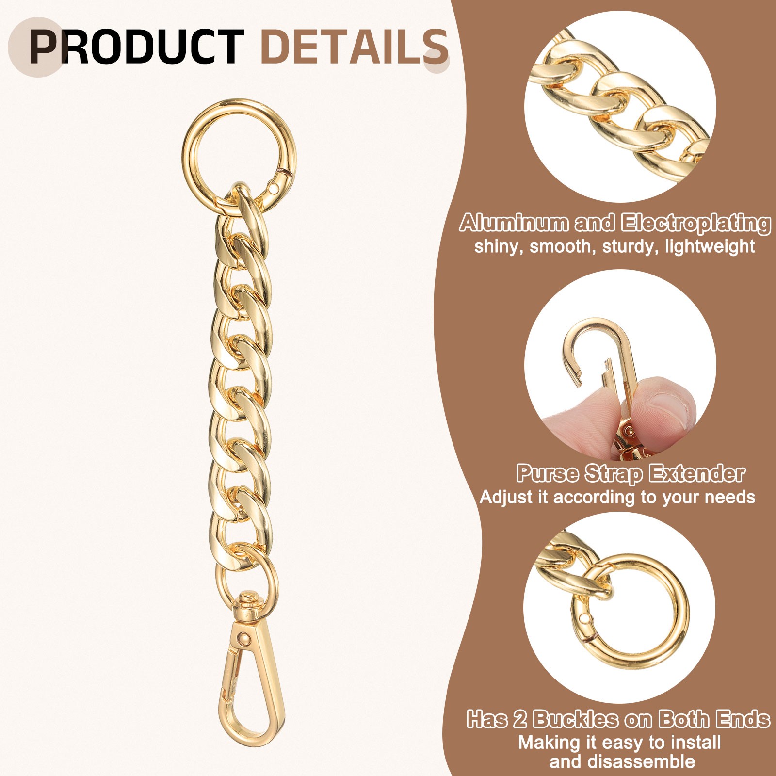 2Pcs Purse Strap Extender 5.9-Inch Bag Extender Chain Light Gold 0.6 Width