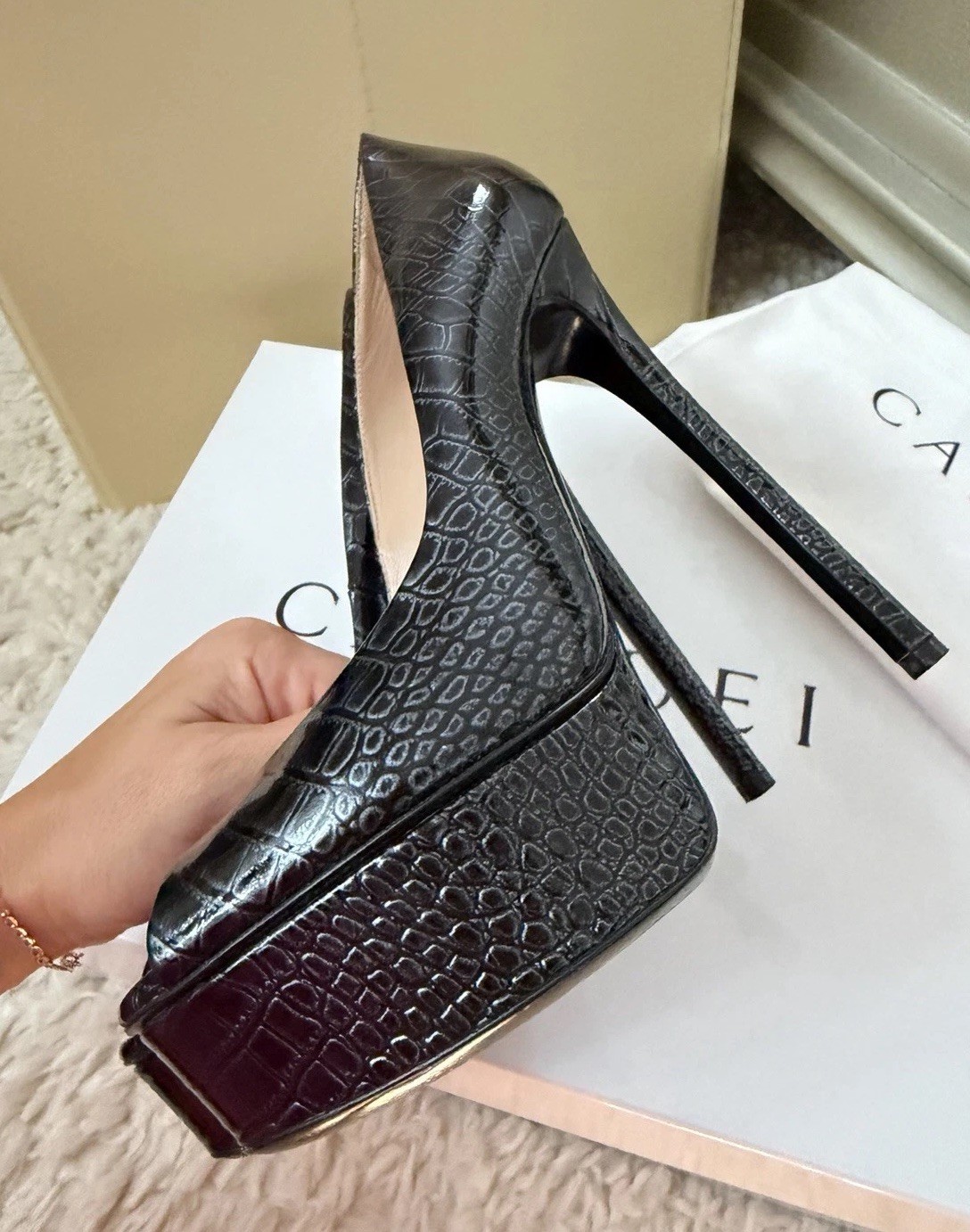 Authentic Casadei Black Croc Embossed Leather Peep Toe Platform Heels EU 36.5