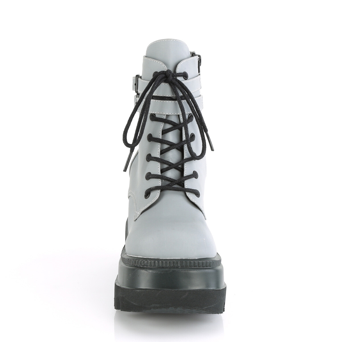 DEMONIA SHAKER-52 4 1/2″ Wedge Platform Gothic Grey Reflective Women Ankle Boots
