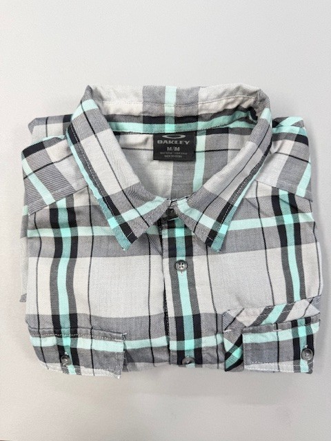 Oakley Shirt Mens Medium Gray Mint Green Plaid Thermogauge Long Sleeve Button-Up