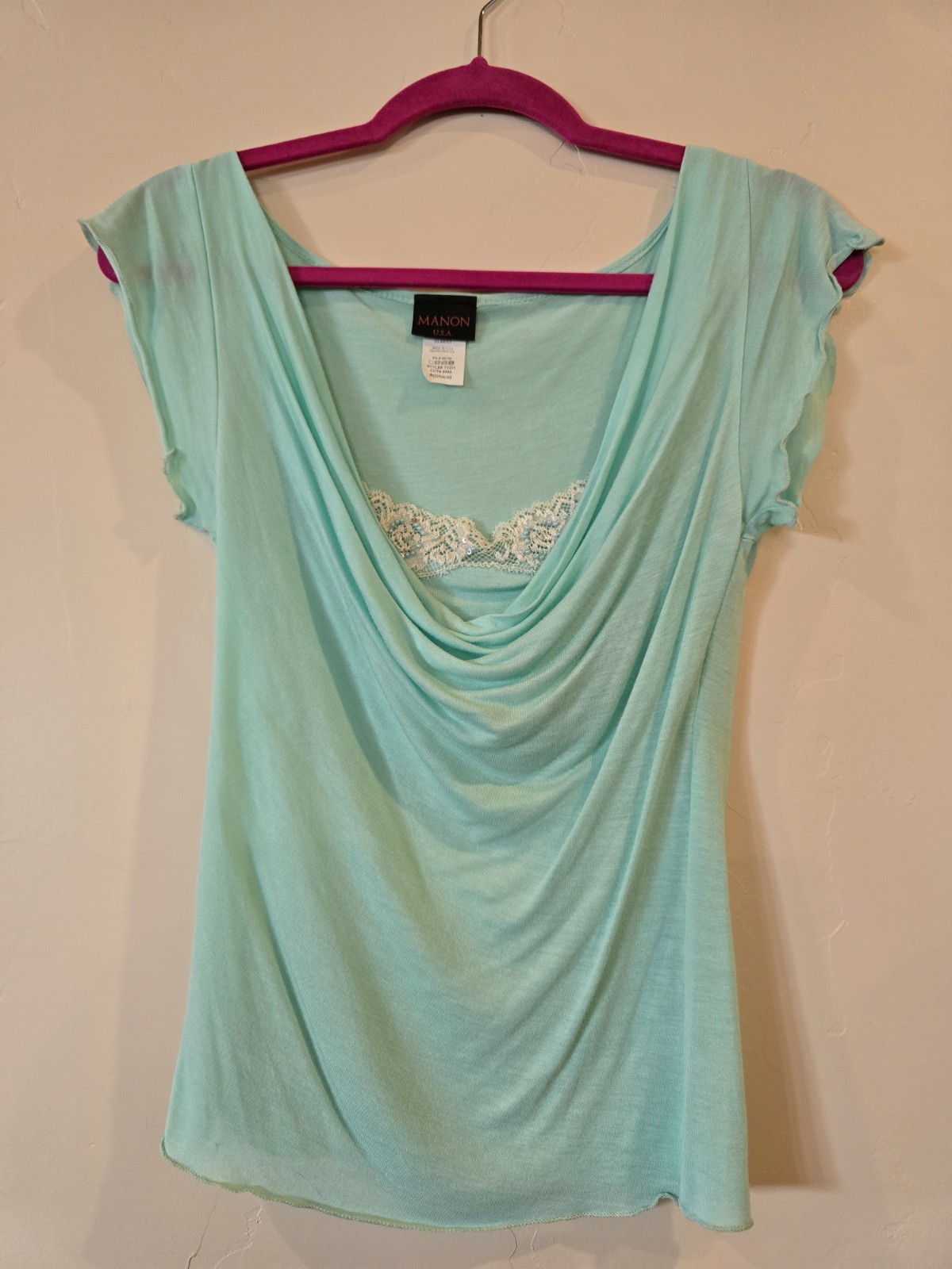 Manon Light Blue Lace Cowl Neck Cap Sleeve Pullover Top Women’s S USA made